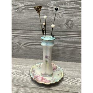 Reinhold Schlegelmilch RS Porcelain Pastel Floral Hat Pin Holder with 7 Pins